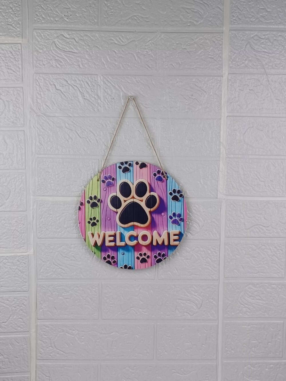 Welcome Paw Print Rainbow Wood Sign 8" Round Door Wall Hanging Pet Dog Decor